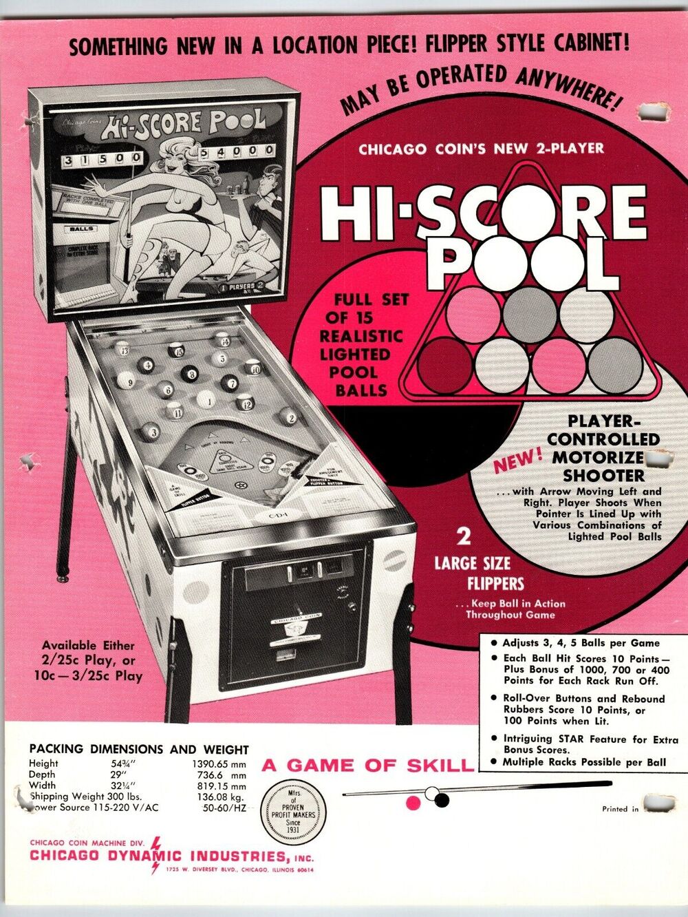 Hi-Score Pool Pinball Flyer Original Lady Billiard Table Player Art Chicago Coin